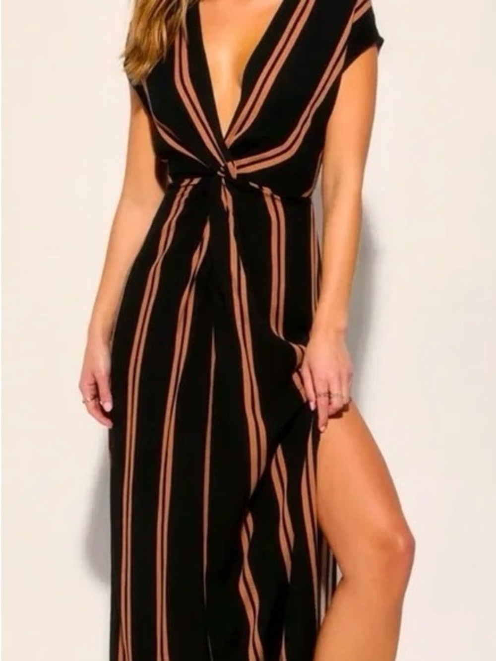 Lulu's Black Cover-Up Dress with Tan Stripes and Front Twist Double Slit